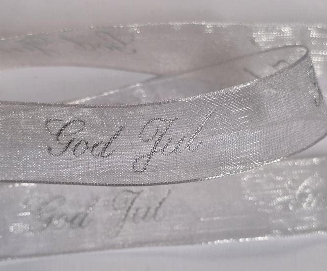Hovedbilde Organza bånd - God Jul - Hvit m/sølv tekst - 16mm - Metervare