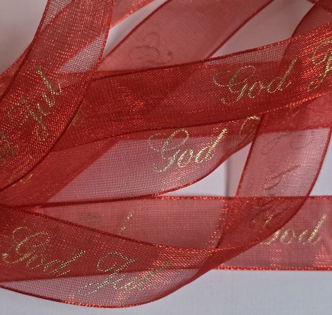 Hovedbilde Organza bånd - God Jul - Rød m/gull tekst - 16mm - Metervare