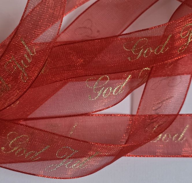 Hovedbilde Organza bånd - God Jul - Rød m/gull tekst - 16mm - Metervare