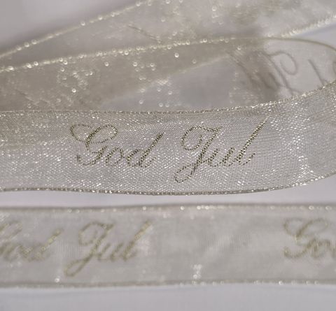 Hovedbilde Organza bånd - God Jul - Krem m/gull tekst - 16mm - Metervare