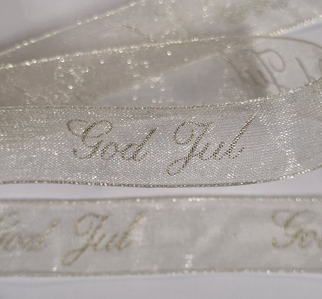 Organza bånd - God Jul - Krem m/gull tekst - 16mm - Metervare