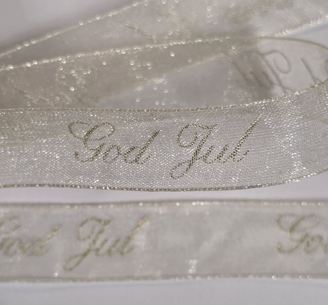 Hovedbilde Organza bånd - God Jul - Krem m/gull tekst - 16mm - Metervare