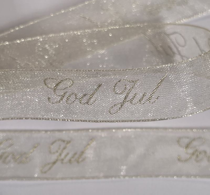 Organza bånd - God Jul - Krem m/gull tekst - 16mm - Metervare
